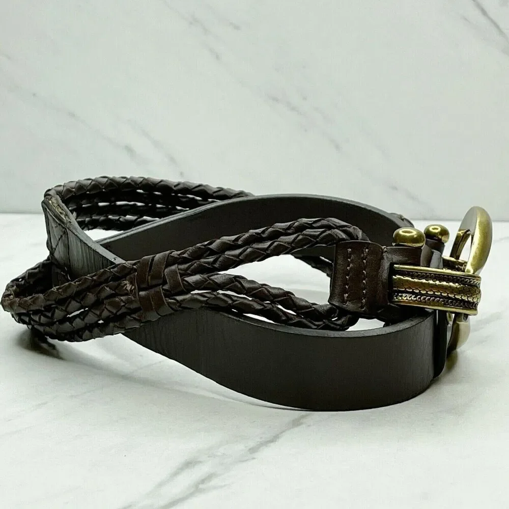 Brown Faux Leather Hook Buckle Belt Gold Tone Hardware Small (S) Womens ✨